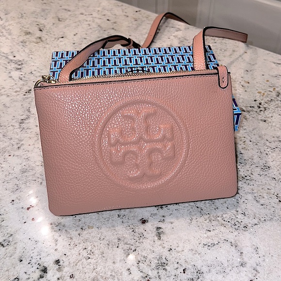 Tory Burch Bags Tory Burch Bag Crossbody Double Zip Perry Bombe Pink Pebbled Leather Tb